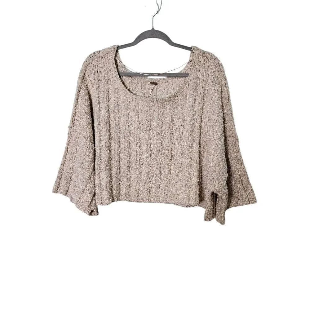 Free People crew neck oversized crop tan sweater. Size XS.